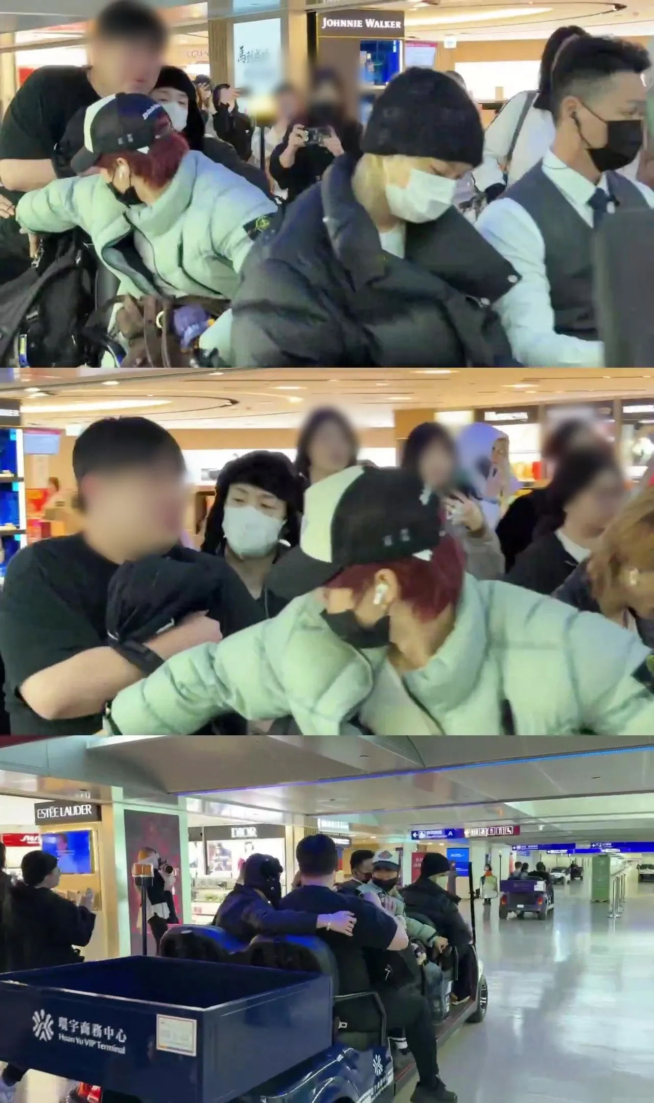 經紀人差點沒坐上車，方燦趕快抱緊處理，HAN也用手扶著救援。桃園國際機場記者聯誼會提供