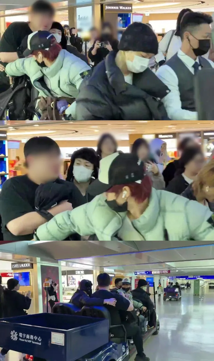 經紀人差點沒坐上車，方燦趕快抱緊處理，HAN也用手扶著救援。桃園國際機場記者聯誼會提供