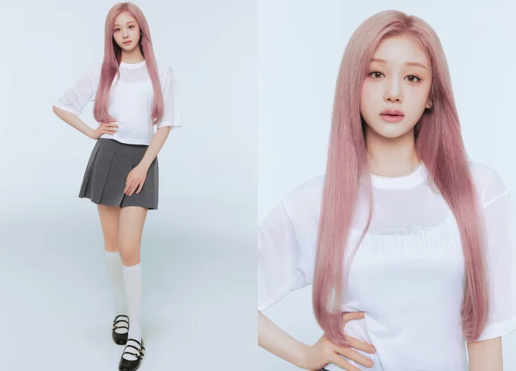 PHARITA換上微透膚質感的UT搭配灰色百褶裙。品牌提供