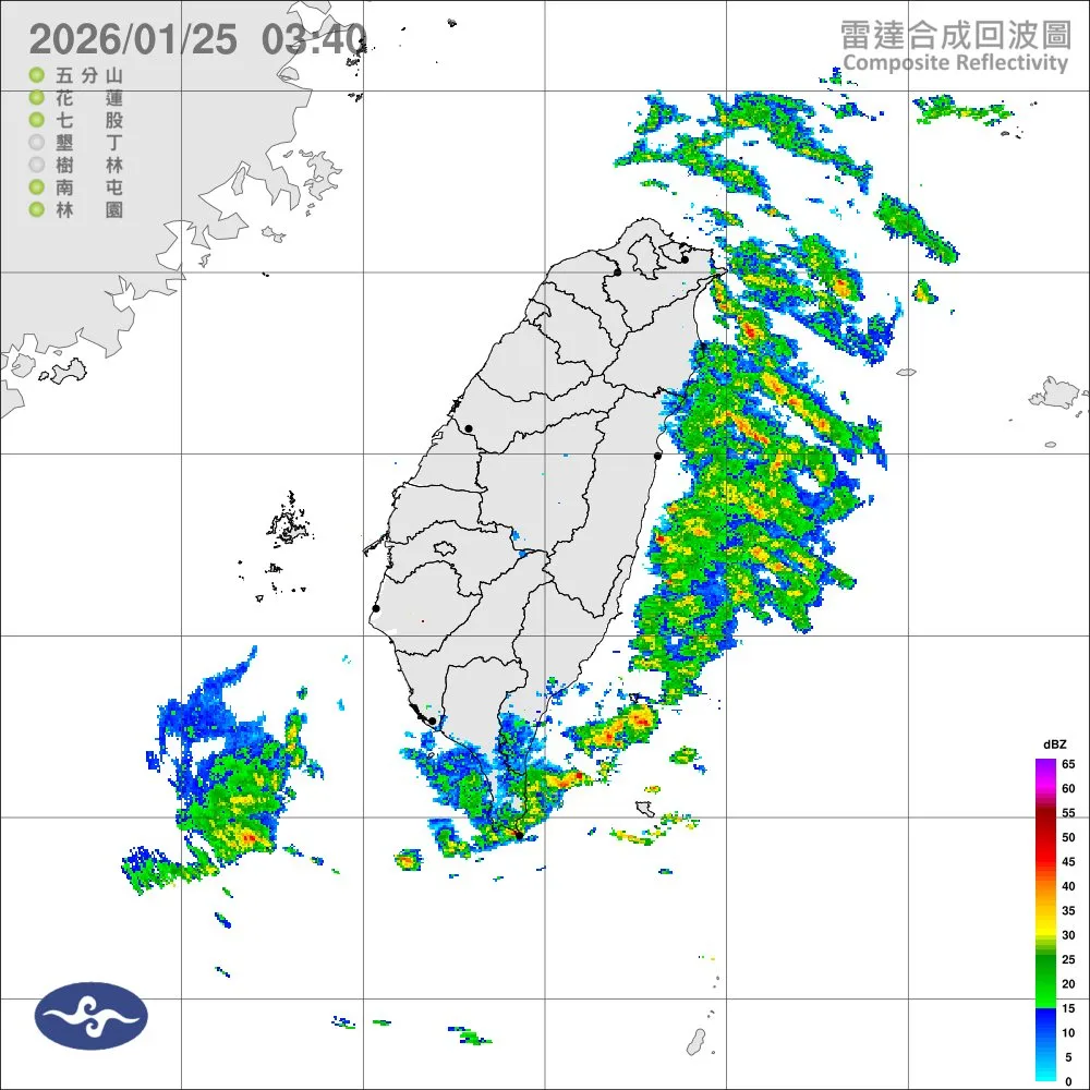 今(25)日基隆北海岸及宜蘭、臺東地區有局部大雨發生的機率。中央氣象署