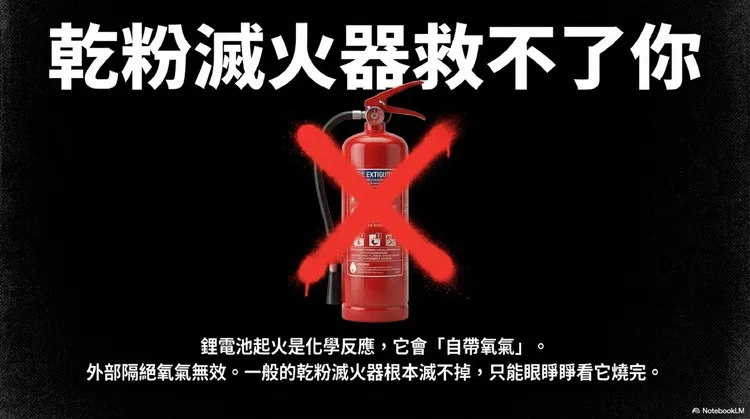 鋰電池起火與一般火災完全不同，「不是慢慢燒，而是瞬間噴發」。翻攝自消防神主牌臉書