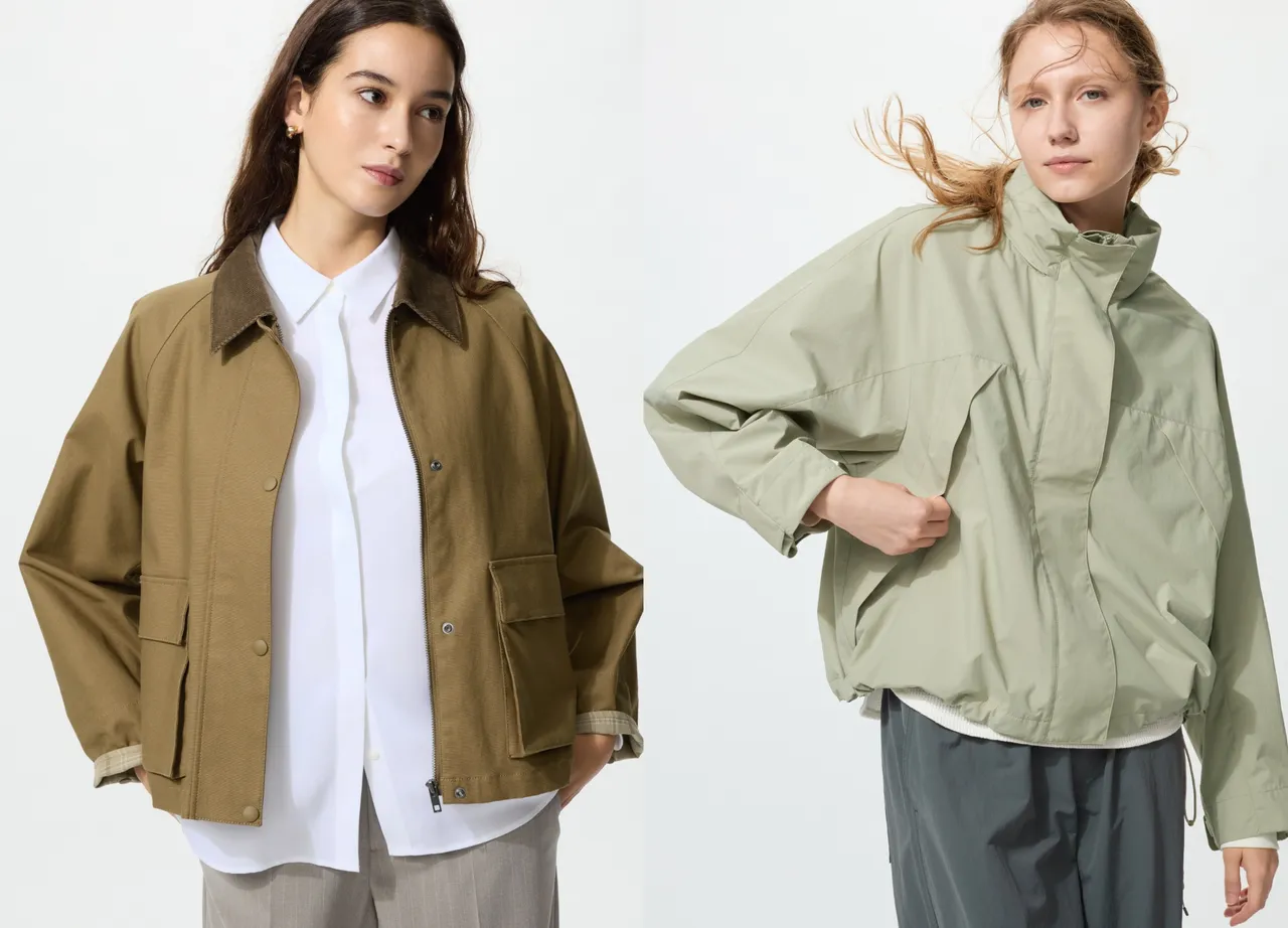 UNIQLO工裝短版外套（左）1990元、防風立領布勞森外套（右）1690元。品牌提供