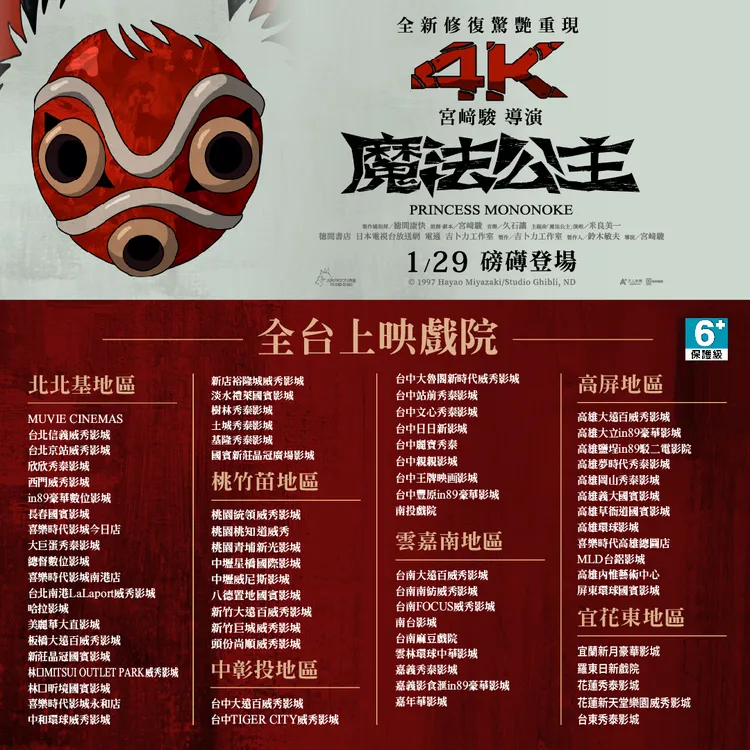 《魔法公主》4K數位紀念版IMAX版熱映中，Dobly CINEMA、4K一般版於明日登場。翻攝甲上娛樂臉書