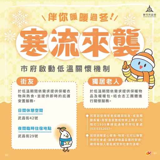 冷气团来袭！守护市民安全　竹市府启动跨局处低温应变措施