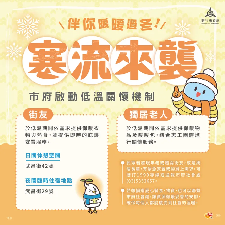 冷氣團來襲！守護市民安全　竹市府啟動跨局處低溫應變措施