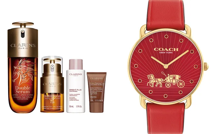 遠百花蓮Clarins克蘭詩黃金雙萃精華75ml2026限定版，優惠價8,600元（左圖）。遠百花蓮精光堂COACH馬年大吉鴻運紀念錶（右圖）。遠百提供