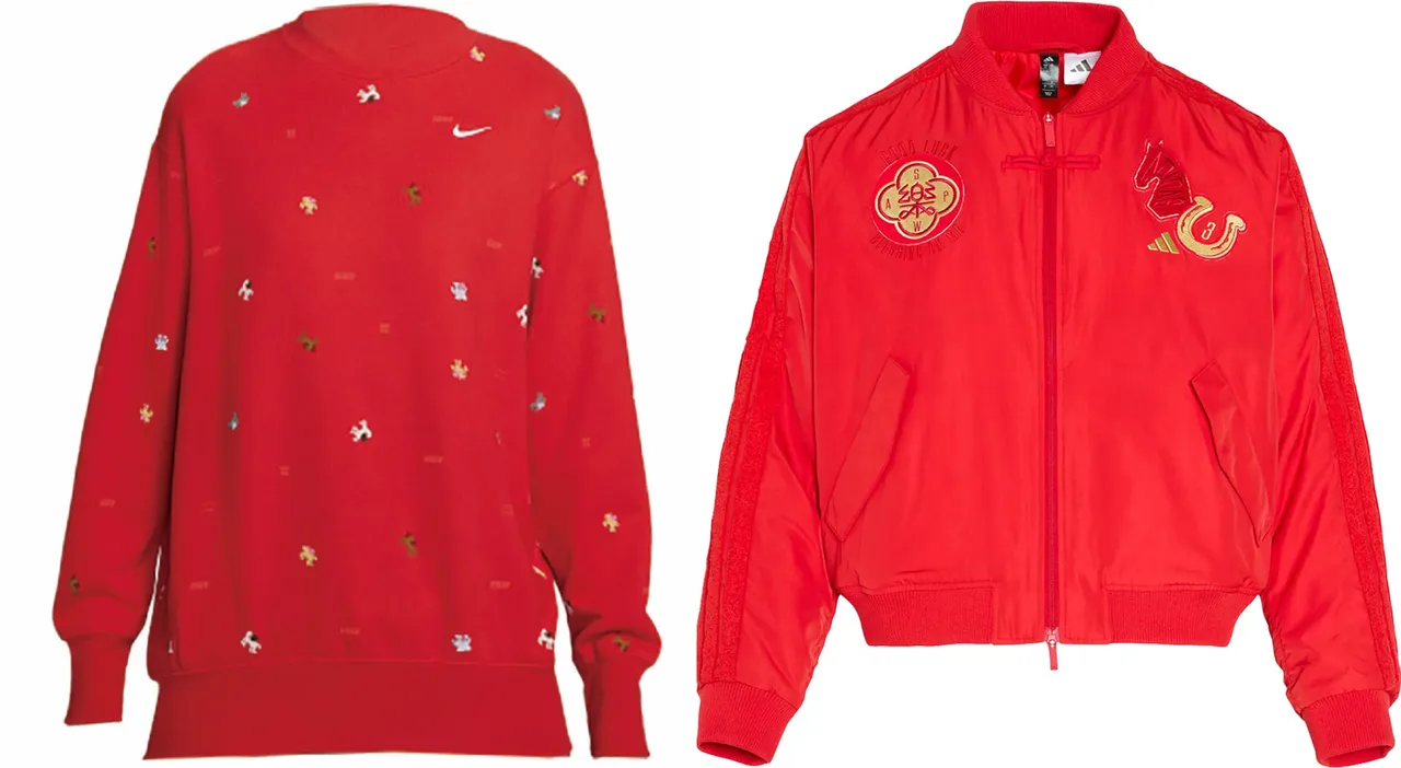 台南大遠百NIKE馬年限定女子寬鬆圓領運動衫，建議售價2,680元、特價2,413元（左圖）。高雄大遠百Adidas男款新年運動外套，建議售價6,800元、特價5,490元（右圖）。遠百提供