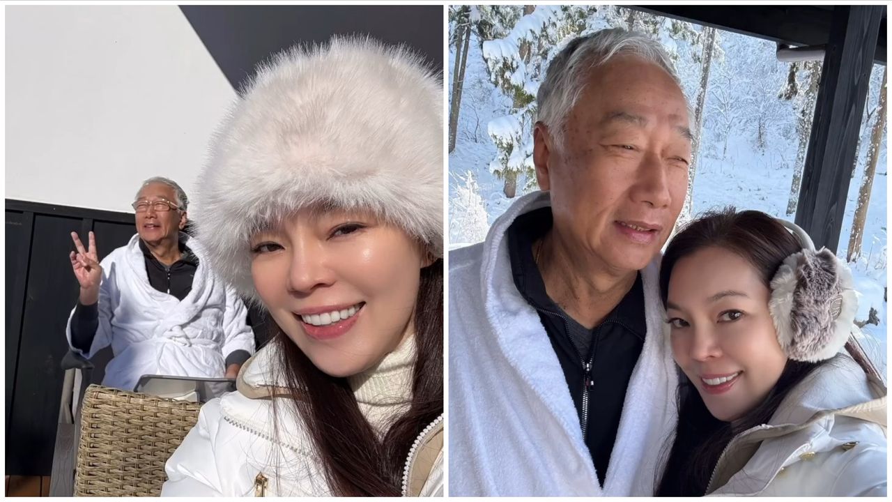 曾馨瑩燦笑「依偎白髮郭董」 全家日本滑雪幸福迎新年