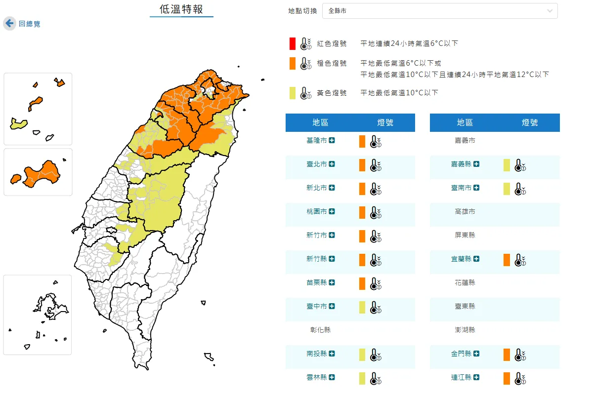 今晨全台共15縣市出現10℃以下的低溫。中央氣象署