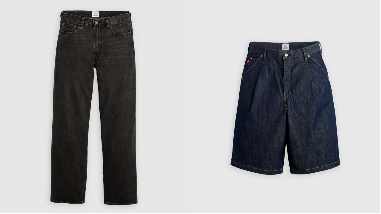 Levi’s® x Jordan黑色水洗繭型丹寧褲（左）4900元、原色寬鬆丹寧短褲（右）3900元 。品牌提供