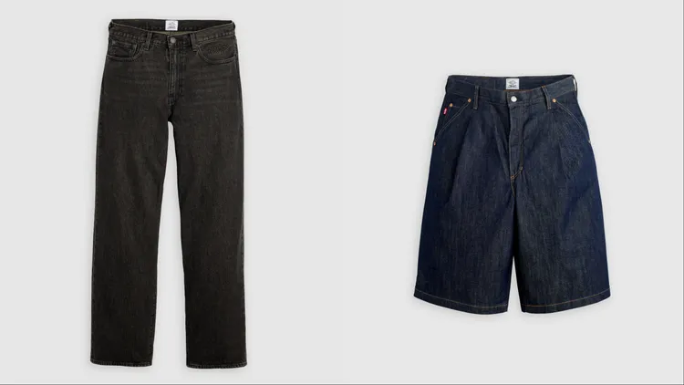 Levi’s® x Jordan黑色水洗繭型丹寧褲（左）4900元、原色寬鬆丹寧短褲（右）3900元 。品牌提供