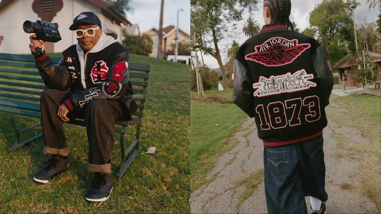 復古拼接皮革棒球外套上的「牛仔騎牛」刺繡徽章，向公牛隊傳奇 Michael Jordan 致敬。品牌提供