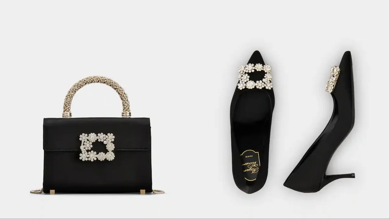 Roger Vivier花鑽系列黑色緞面珠寶手拿包、緞面花鑽高跟鞋也是高允貞的行頭之一。品牌提供