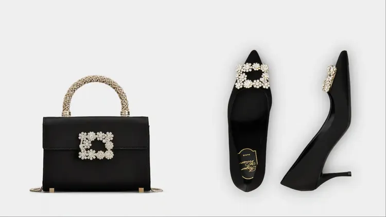 Roger Vivier花鑽系列黑色緞面珠寶手拿包、緞面花鑽高跟鞋是高允貞劇中行頭之一。品牌提供