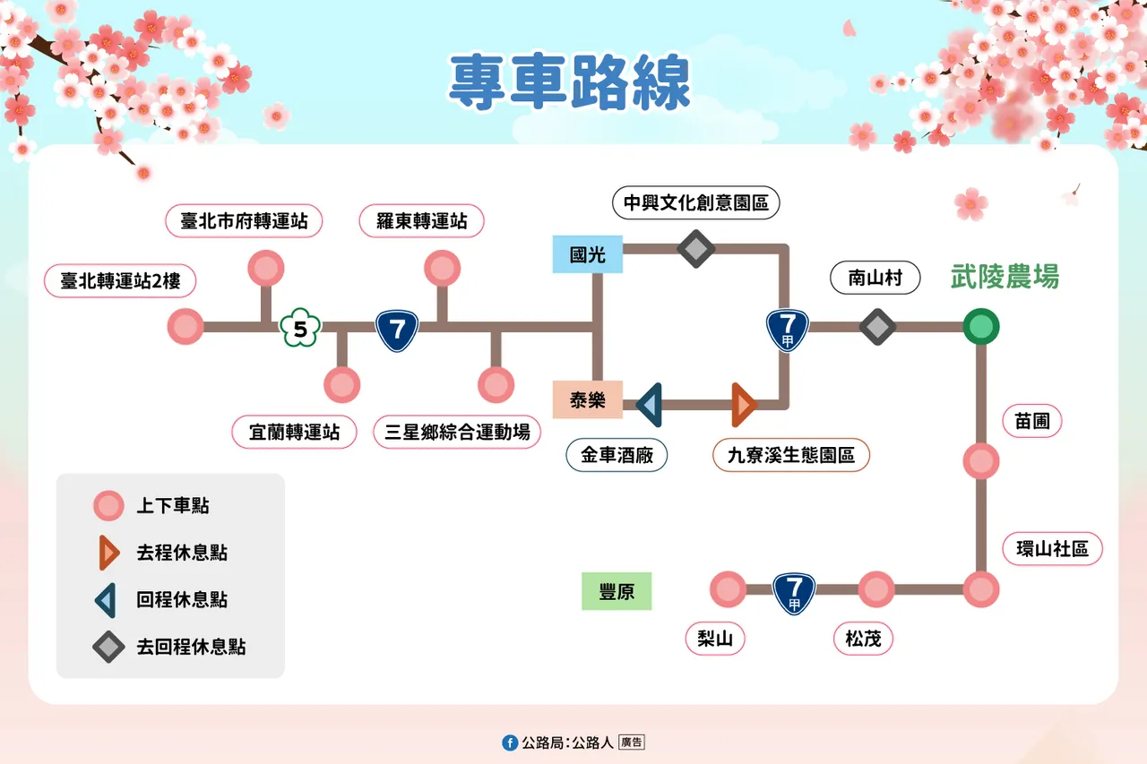 武陵農場「櫻花季專車」路線。公路局提供