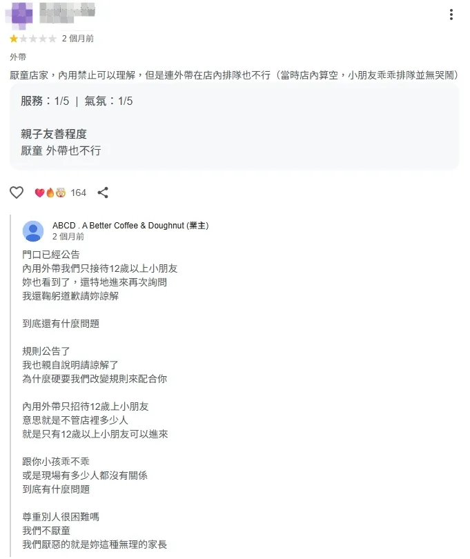 不少民眾因孩童遭趕而留下負評，店家直球對決。翻攝Google