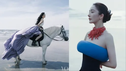 杨幂拍杂志当海边最飒女骑士　胸前蓝色游泳圈让人看不懂