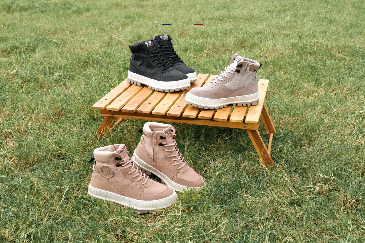 PALLADIUM橘標防水PALLASHOCK ZIP巧克力靴，以厚底巧克力大底帶來微增高效果，各3980元。品牌提供