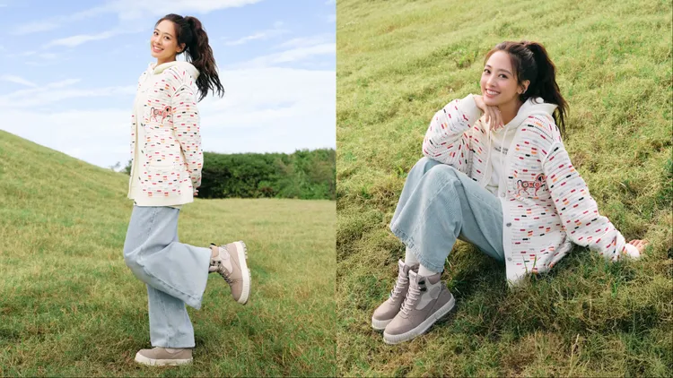 吳映潔以馬年限定針織衫搭配厚底設計的PALLASHOCK ZIP巧克力靴。品牌提供