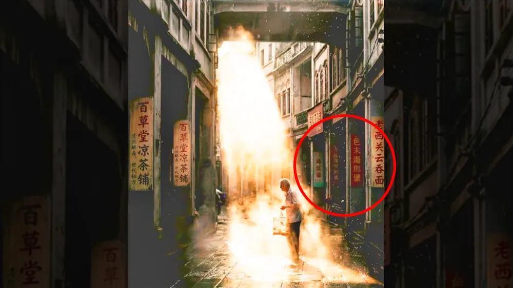 网友把《骑楼阳光》的曝光调高，从骑楼店铺招牌发现AI生成的情况。翻摄自微博