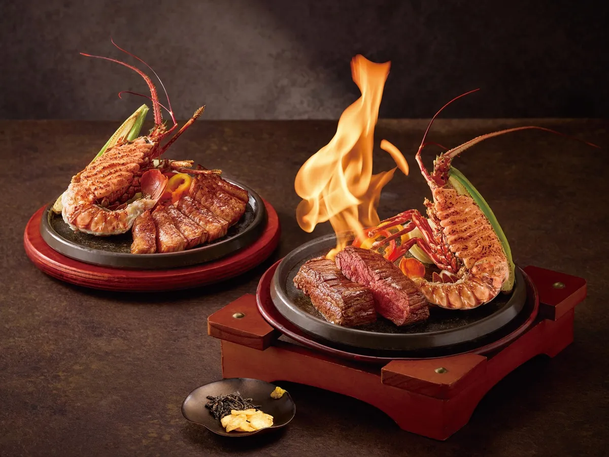 正月品嘗精緻的開運日料最合適，「藝奇」極炙套餐加價399元可享用明太子龍蝦佐炙烤牛排。王品集團提供