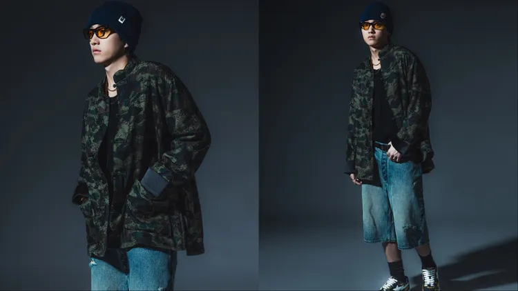「絲綢唐裝外套」外層採用光澤感十足的絲質緹花，結合疊印技術展現漸層迷彩效果。品牌提供