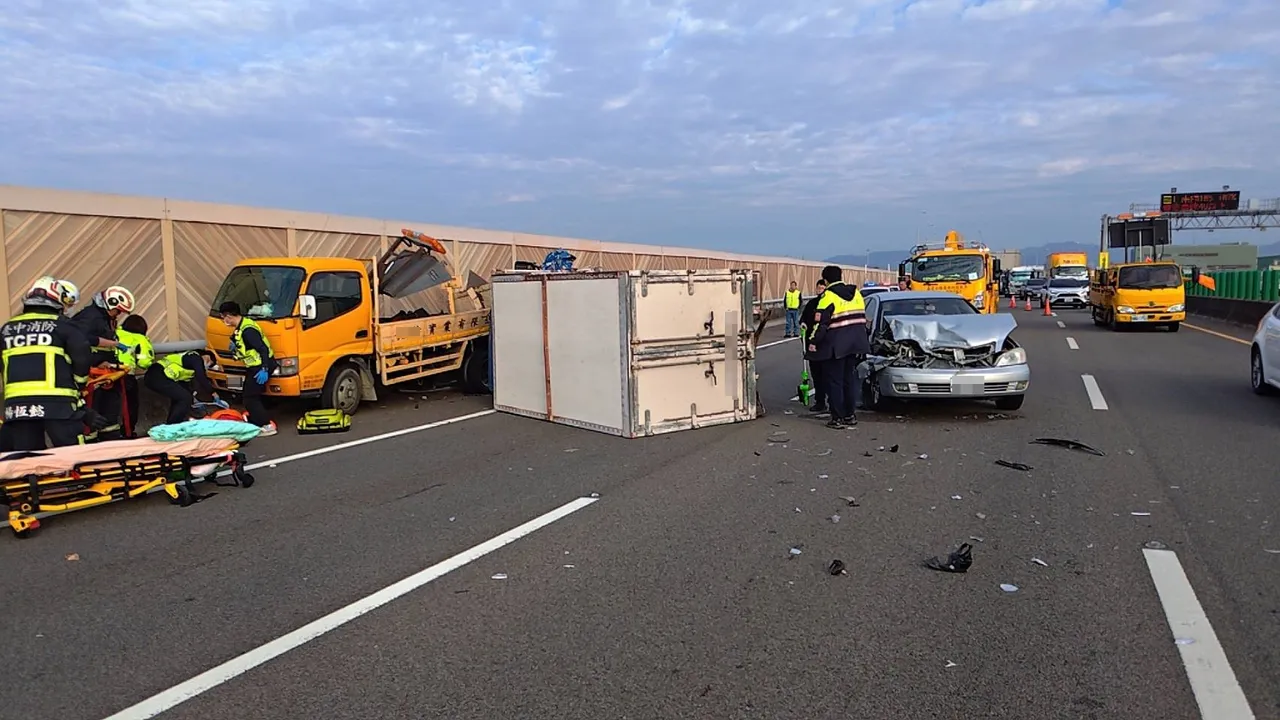 现场为工程车、小货车及自小客车的3车追撞事故。民众提供