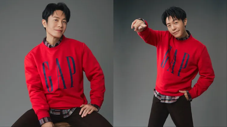 韋禮安以紅色刷毛圓領大學T內搭深色翻領格紋襯衫，透過領口與袖口細節展現豐富層次。翻攝韋禮安IG