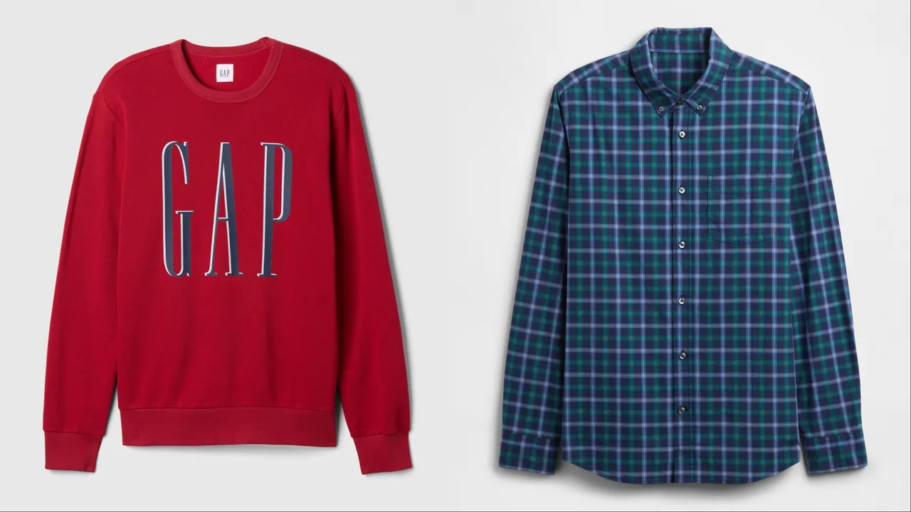Gap紅色Logo印花刷毛圓領大學（左）、藍綠色翻領長袖襯衫（右），各1499元。品牌提供