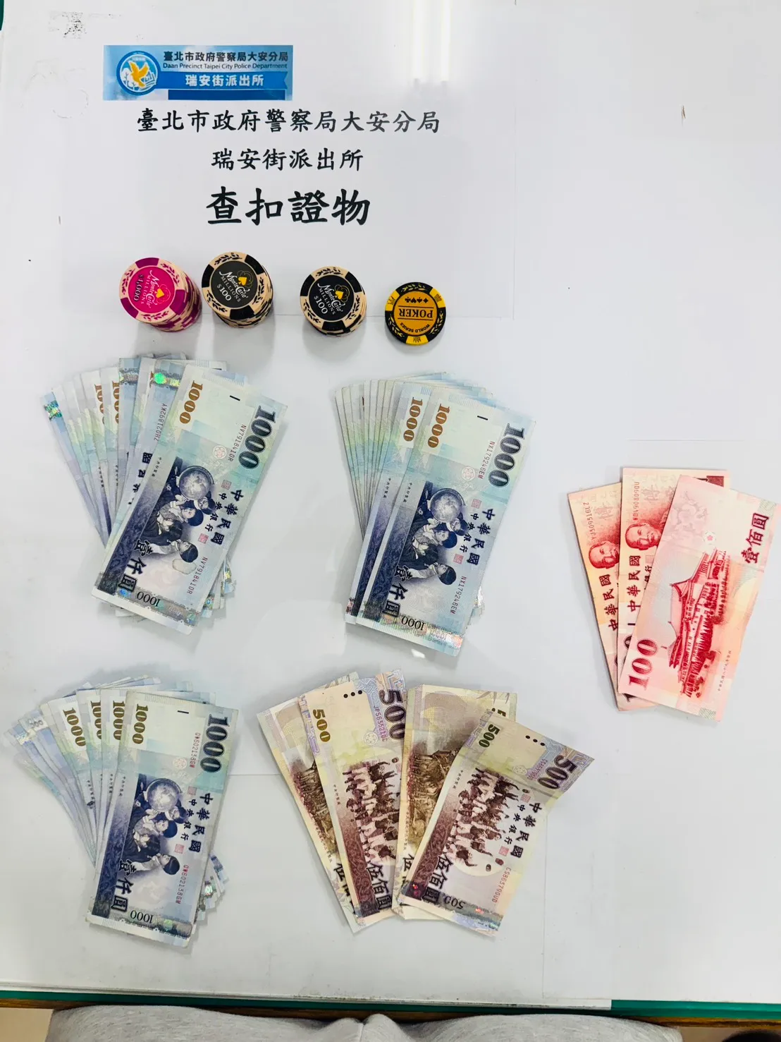 警方查获赌具、赌资等证物。翻摄画面