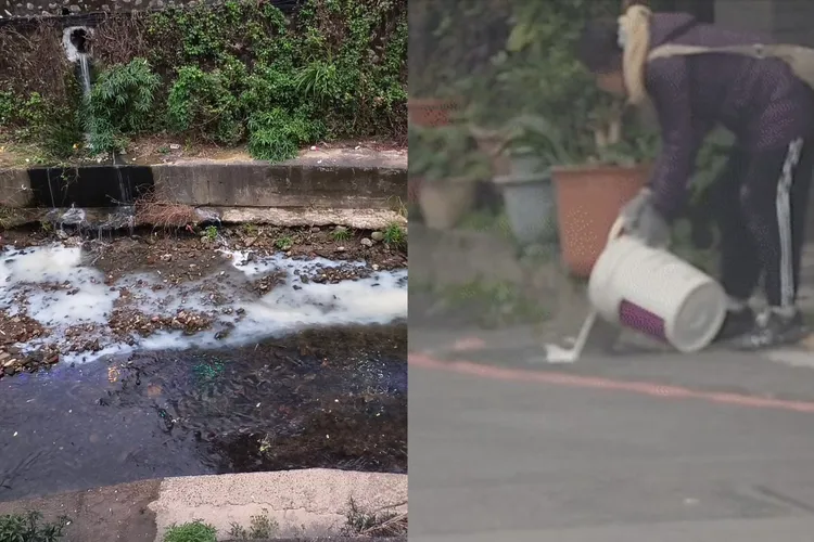 男子直接把油漆桶廢水導入溝渠，順勢排入列管的新店五重溪，溪水被染白，稽查人員調監視器抓到行為人(圖右)。環保局提供