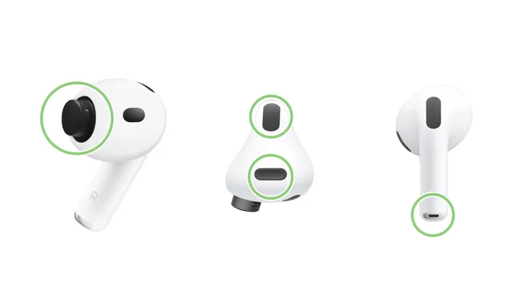 AirPods耳機本體共有多處網罩與開孔，包含出音孔、麥克風孔與底部感測孔，都是容易累積耳垢與灰塵的重點清潔位置，蘋果建議定期以正確方式清潔，避免影響音質與收音表現。Apple官網