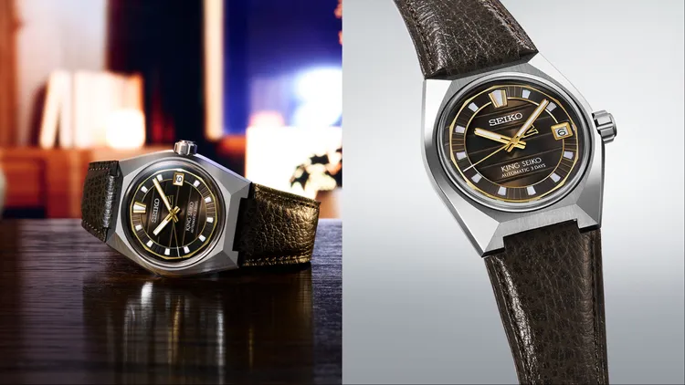 深棕色面盤的SLA093J1勾勒出摩天大樓與大地色系的色彩層疊，並佩戴同色系皮革錶帶。品牌提供