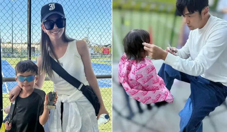 昆凌開心兒子在澳洲獲網球冠軍，周杰倫幫女兒剪頭髮的神情很專注。翻攝昆凌小紅書