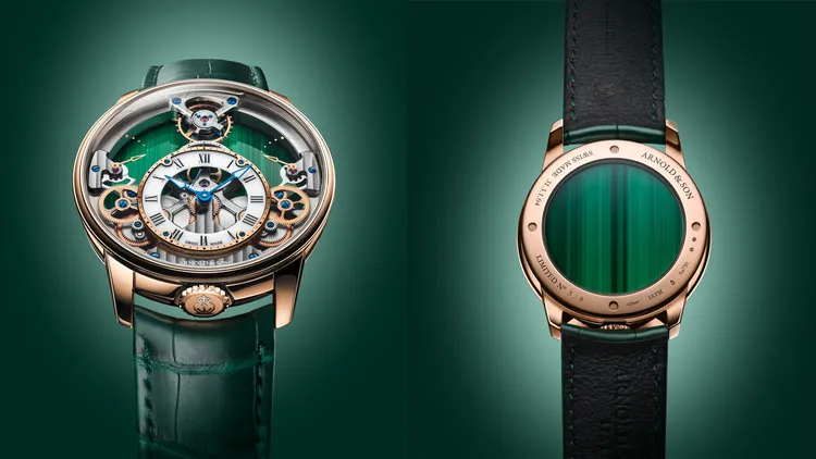 Arnold & Son Time Pyramid 42.5 Malachite，42.5mm，5N 18K紅金錶殼，孔雀石與白色蛋白石錶盤，帝王綠短吻鱷魚皮錶帶，A&S1615手動上鍊機械機芯，動力儲存90小時，防水深度30米，全球限量各8只，171萬0000元。品牌提供