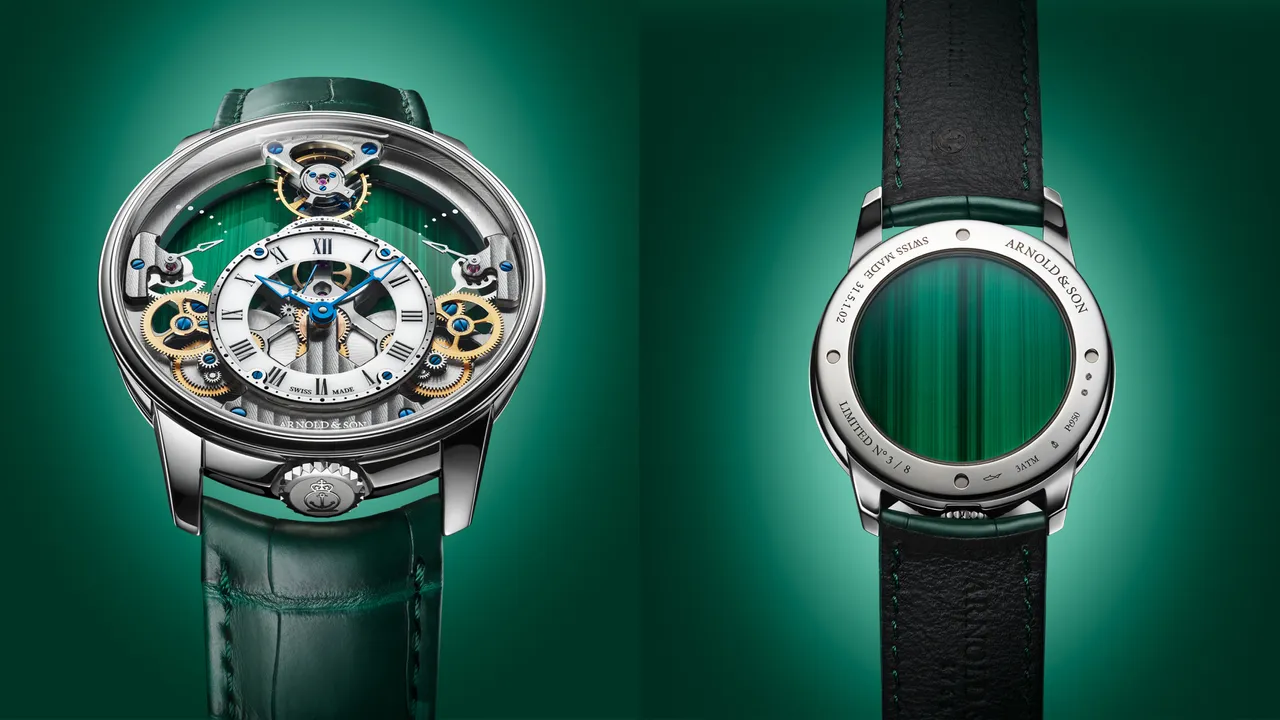 Arnold & Son Time Pyramid 42.5 Malachite，42.5mm，铂金（950 铂金）表壳，孔雀石表盘，帝王绿短吻鳄鱼皮表带，A&S1615手动上链机械机芯，动力储存90小时，防水深度30米，全球限量各8只， 214万2000元。品牌提供
