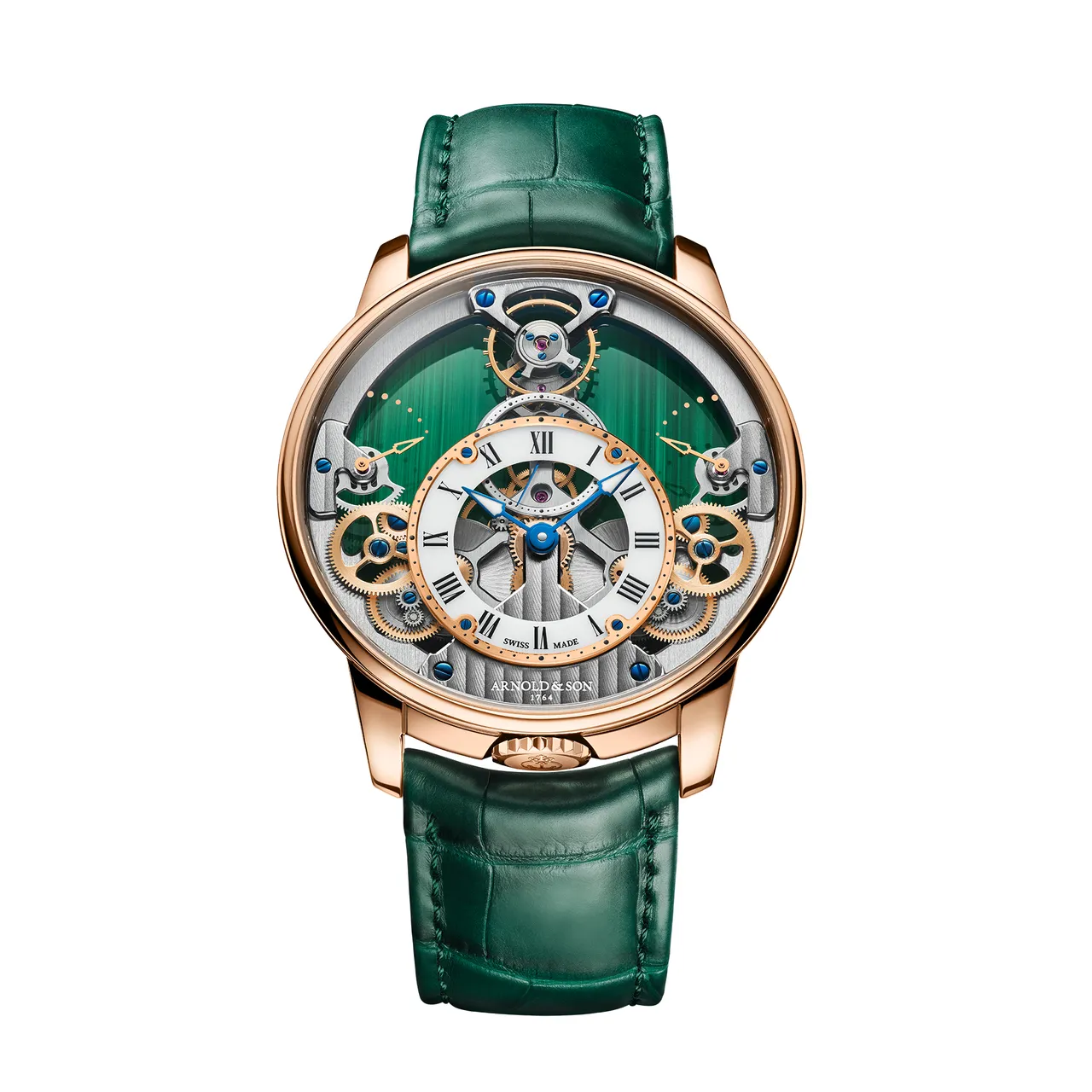 Arnold & Son Time Pyramid 42.5 Malachite，42.5mm，5N 18K红金表壳，孔雀石与白色蛋白石表盘，帝王绿短吻鳄鱼皮表带，A&S1615手动上链机械机芯，动力储存90小时，防水深度30米，全球限量各8只，171万0000元。品牌提供