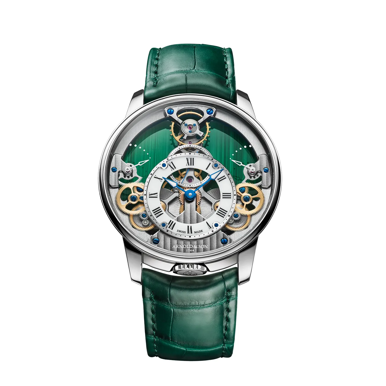 Arnold & Son Time Pyramid 42.5 Malachite，42.5mm，铂金（950 铂金）表壳，孔雀石表盘，帝王绿短吻鳄鱼皮表带，A&S1615手动上链机械机芯，动力储存90小时，防水深度30米，全球限量各8只， 214万2000元。品牌提供