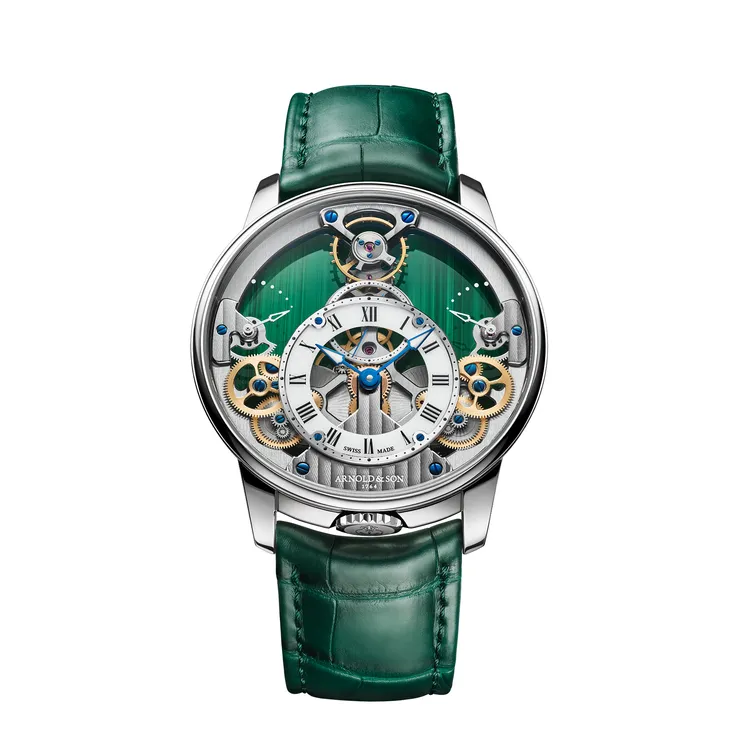 Arnold & Son Time Pyramid 42.5 Malachite，42.5mm，鉑金（950 鉑金）錶殼，孔雀石錶盤，帝王綠短吻鱷魚皮錶帶，A&S1615手動上鍊機械機芯，動力儲存90小時，防水深度30米，全球限量各8只， 214萬2000元。品牌提供