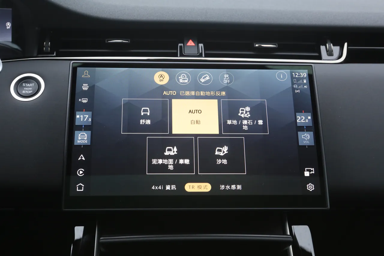 Evoque配備Terrain Response 2全地形反應系統，行車模式除了舒適與ECO，還提供草地、礫石、泥濘與沙地等越野選項，即便短暫離開柏油路，也能保持穩定操控與安心駕馭。林浩昇攝