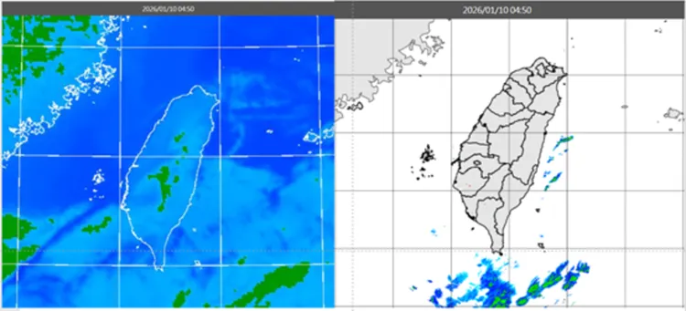 今晨紅外線雲圖顯示，本島陸上大多晴朗；降水回波合成圖顯示，巴士海峽有弱回波。氣象應用推廣基金會