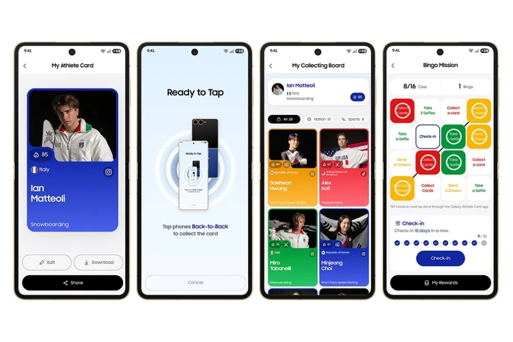 Galaxy Z Flip7冬奧專屬版內建「Galaxy Athlete Card」選手互動功能，選手可透過手機感應交換個人卡片、蒐集各國運動員資料，並參與任務與活動，強化奧運村內的交流體驗。三星官網