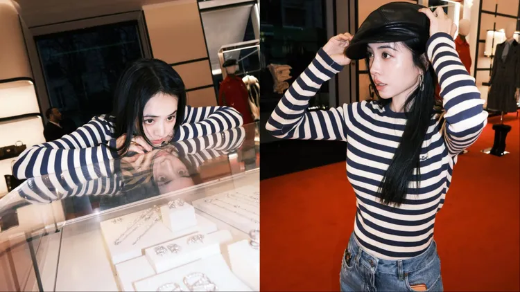蔡依林穿著條紋上衣俏皮試戴單品。翻攝蔡依林工作室微博