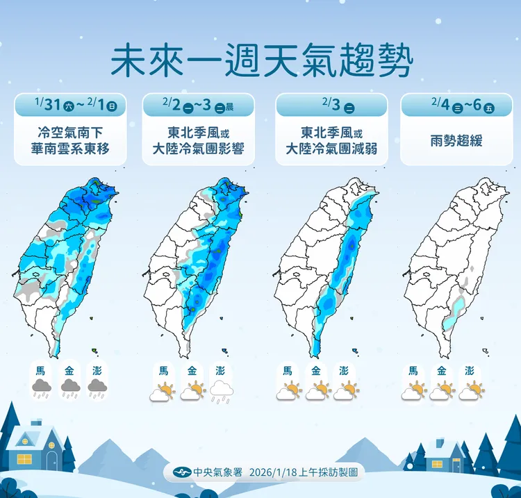 未來一週天氣趨勢。氣象署提供