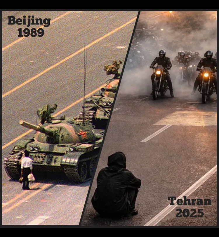 德黑蘭男子擋路，被形容好比天安門擋住坦克的男子。翻攝自X