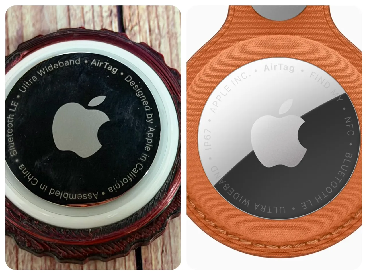 新舊兩代AirTag比較可發現舊款（圖左）背面英文字採用大小寫混合方式，新款（圖右）則是使用全大寫的方式。趙筱文攝