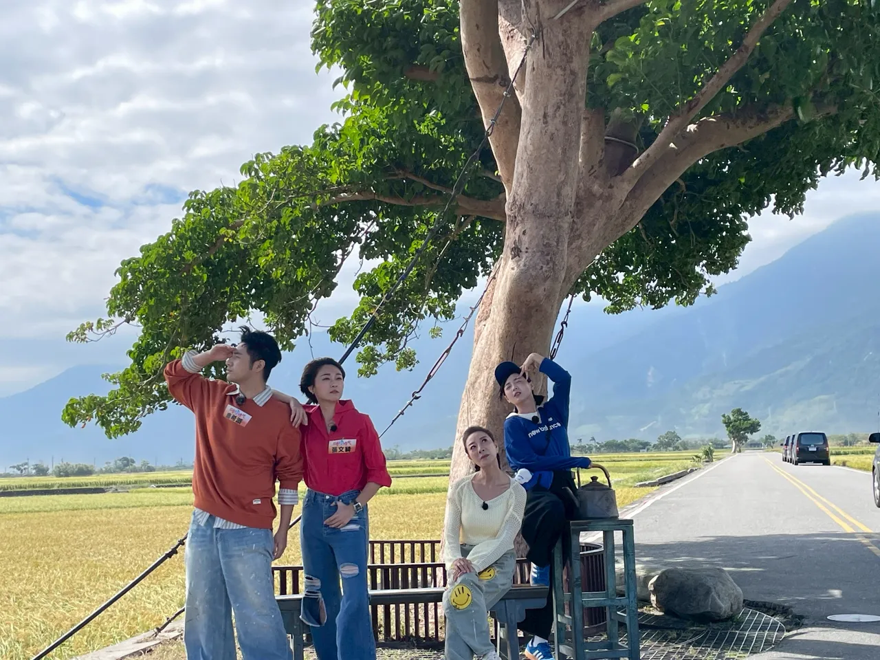 鹿希派（左起）、張文綺、楊繡惠、籃籃等在金城武樹下合影。民視提