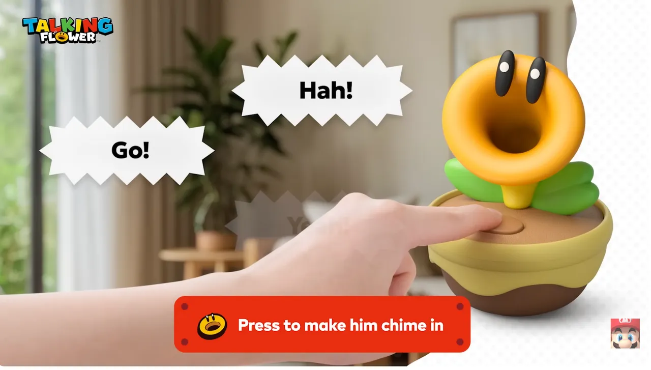Talking Flower底部設有實體按鈕，玩家按下即可即時觸發語音反應，花朵會隨機說出遊戲台詞或即興發言。任天堂官網