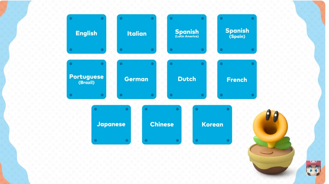 支援多語系語音設定，包含英文、日文、中文、韓文及多種歐洲語言，玩家可依需求切換。任天堂官網