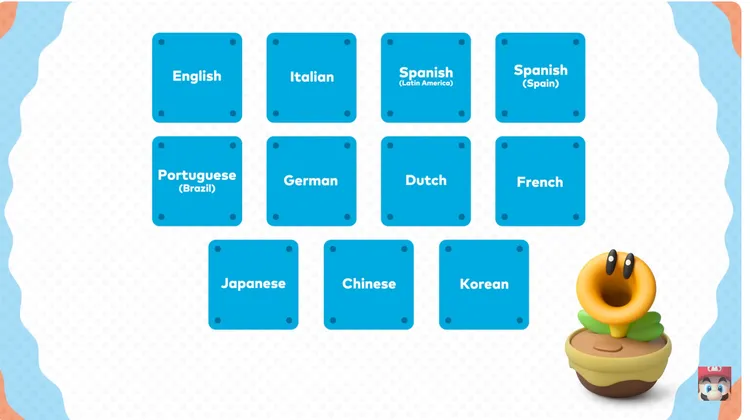 支援多語系語音設定，包含英文、日文、中文、韓文及多種歐洲語言，玩家可依需求切換。任天堂官網